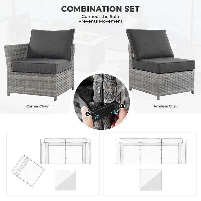 OVIOS Ensemble de conversation de 10 pièces en osier pour patio avec fauteuils à bascule et table brasero