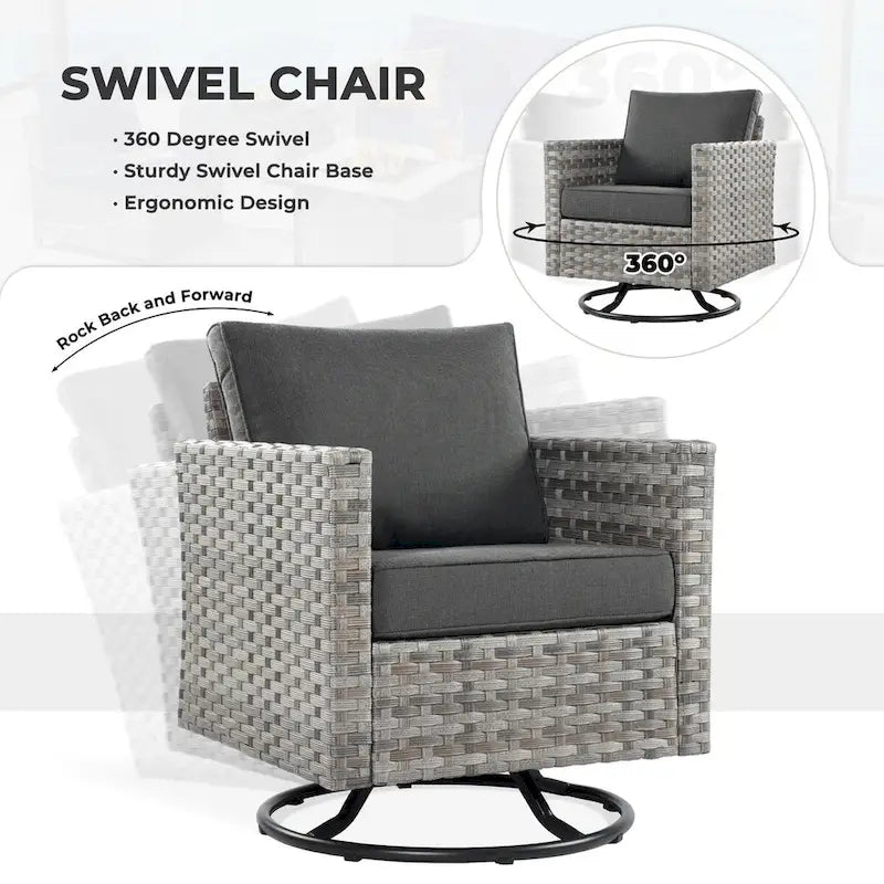 OVIOS Ensemble de conversation de 10 pièces en osier pour patio avec fauteuils à bascule et table brasero