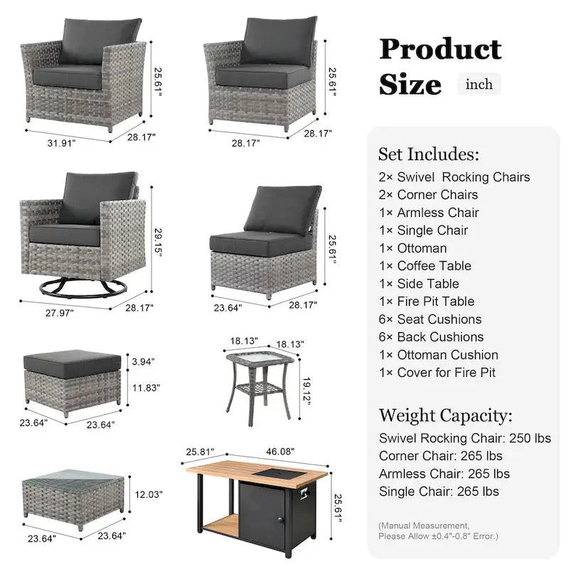 OVIOS Ensemble de conversation de 10 pièces en osier pour patio avec fauteuils à bascule et table brasero