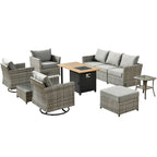 OVIOS Ensemble de conversation de 10 pièces en osier pour patio avec fauteuils à bascule et table brasero
