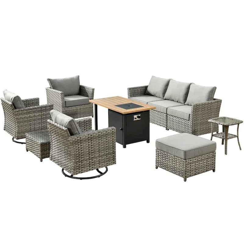 OVIOS Ensemble de conversation de 10 pièces en osier pour patio avec fauteuils à bascule et table brasero