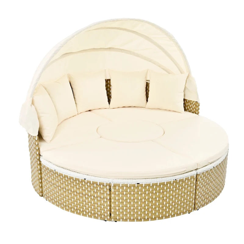 Meubles de patio, Canapé d'angle rond d'extérieur, Lit de jour en rotin avec auvent rétractable, Coussin amovible