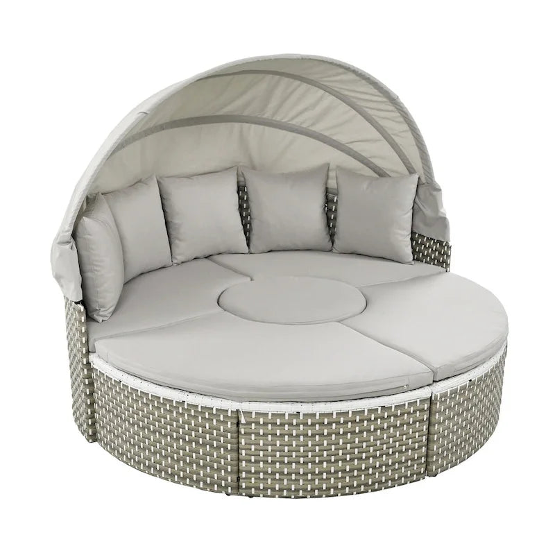Patio Furniture, Round Outdoor Sectional Sofa Set, Rattan Daybed with Retractable Canopy, Removable Cushion
