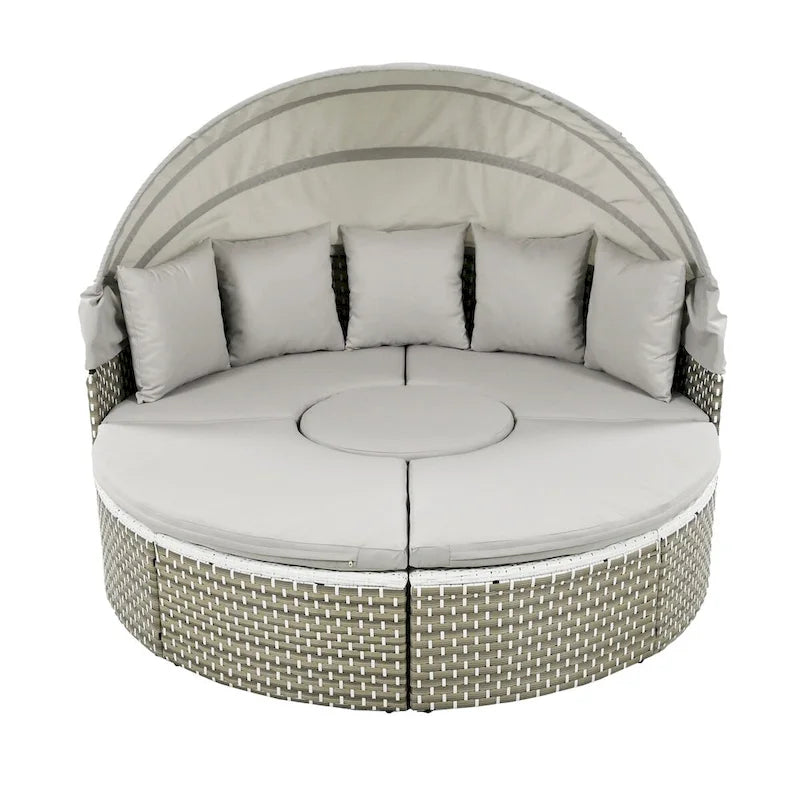 Meubles de patio, Canapé d'angle rond d'extérieur, Lit de jour en rotin avec auvent rétractable, Coussin amovible