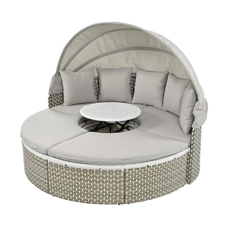 Meubles de patio, Canapé d'angle rond d'extérieur, Lit de jour en rotin avec auvent rétractable, Coussin amovible