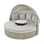 Meubles de patio, Canapé d'angle rond d'extérieur, Lit de jour en rotin avec auvent rétractable, Coussin amovible