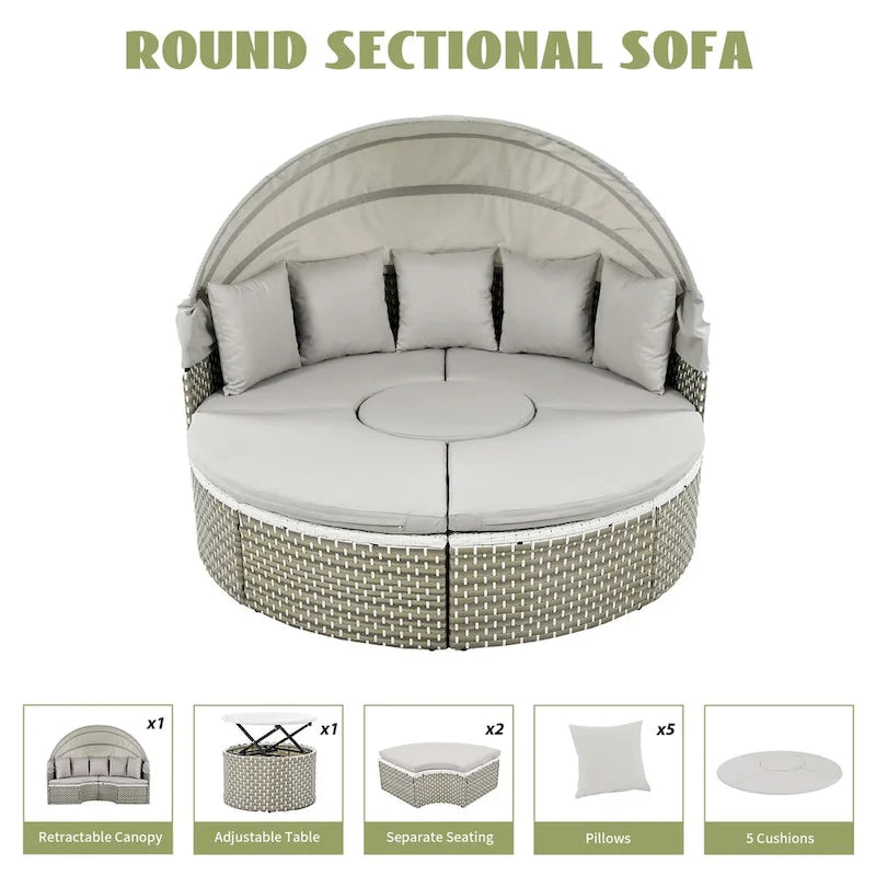 Meubles de patio, Canapé d'angle rond d'extérieur, Lit de jour en rotin avec auvent rétractable, Coussin amovible
