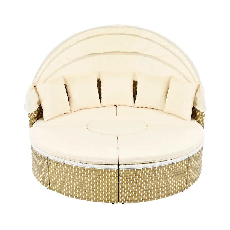 Meubles de patio, Canapé d'angle rond d'extérieur, Lit de jour en rotin avec auvent rétractable, Coussin amovible