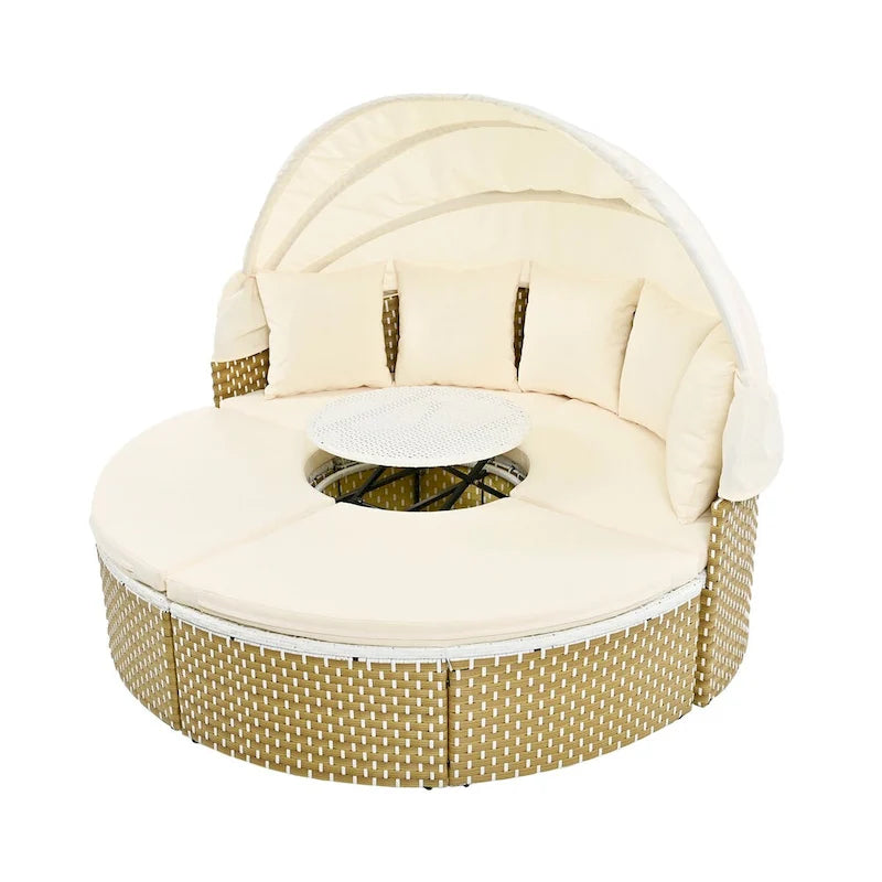 Meubles de patio, Canapé d'angle rond d'extérieur, Lit de jour en rotin avec auvent rétractable, Coussin amovible