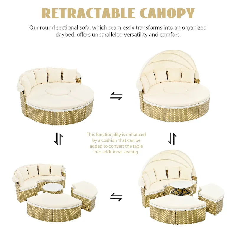 Meubles de patio, Canapé d'angle rond d'extérieur, Lit de jour en rotin avec auvent rétractable, Coussin amovible