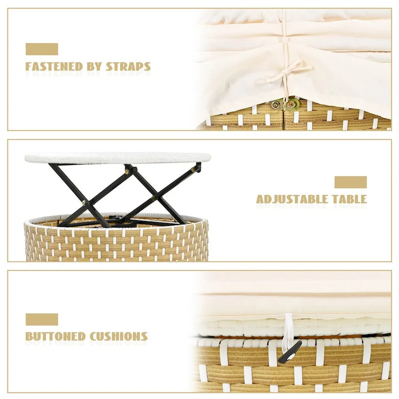 Meubles de patio, Canapé d'angle rond d'extérieur, Lit de jour en rotin avec auvent rétractable, Coussin amovible