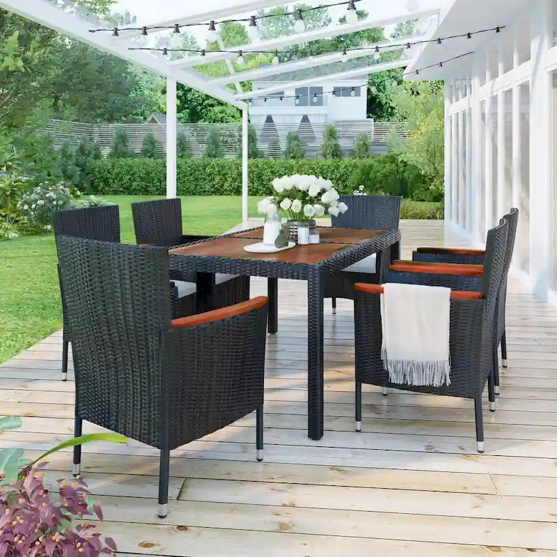Ensemble de salle à manger de patio pour 6, table et chaises en osier d'extérieur avec coussins