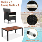 Ensemble de salle à manger de patio pour 6, table et chaises en osier d'extérieur avec coussins