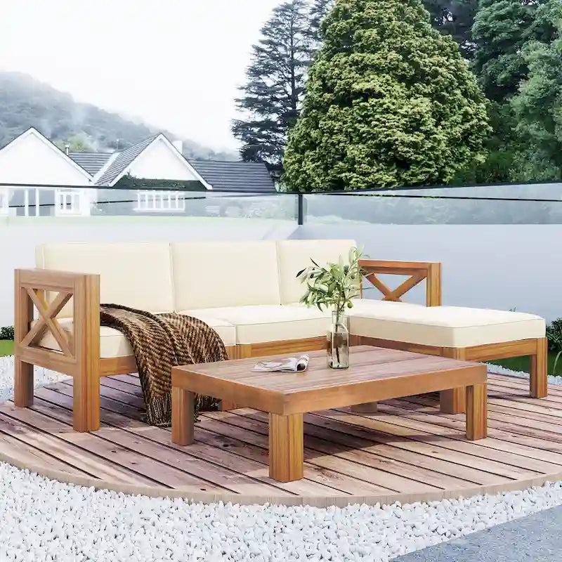 Ensemble de canapés de jardin modulables 5 pièces en bois d'acacia naturel avec tissu résistant à l'eau