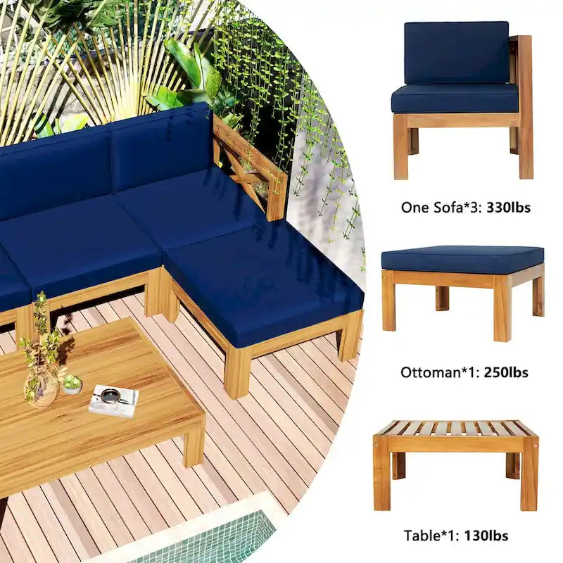 Ensemble de canapés de jardin modulables 5 pièces en bois d'acacia naturel avec tissu résistant à l'eau