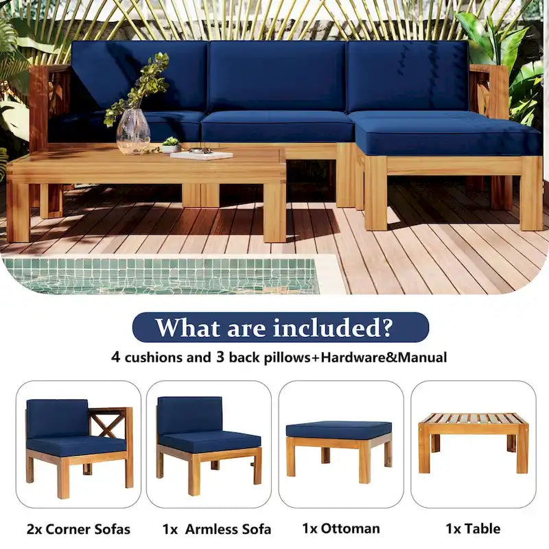 Ensemble de canapés de jardin modulables 5 pièces en bois d'acacia naturel avec tissu résistant à l'eau