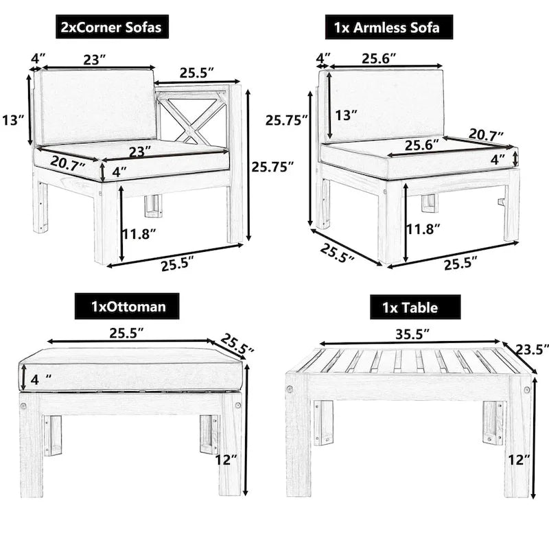 Ensemble de canapés de jardin modulables 5 pièces en bois d'acacia naturel avec tissu résistant à l'eau