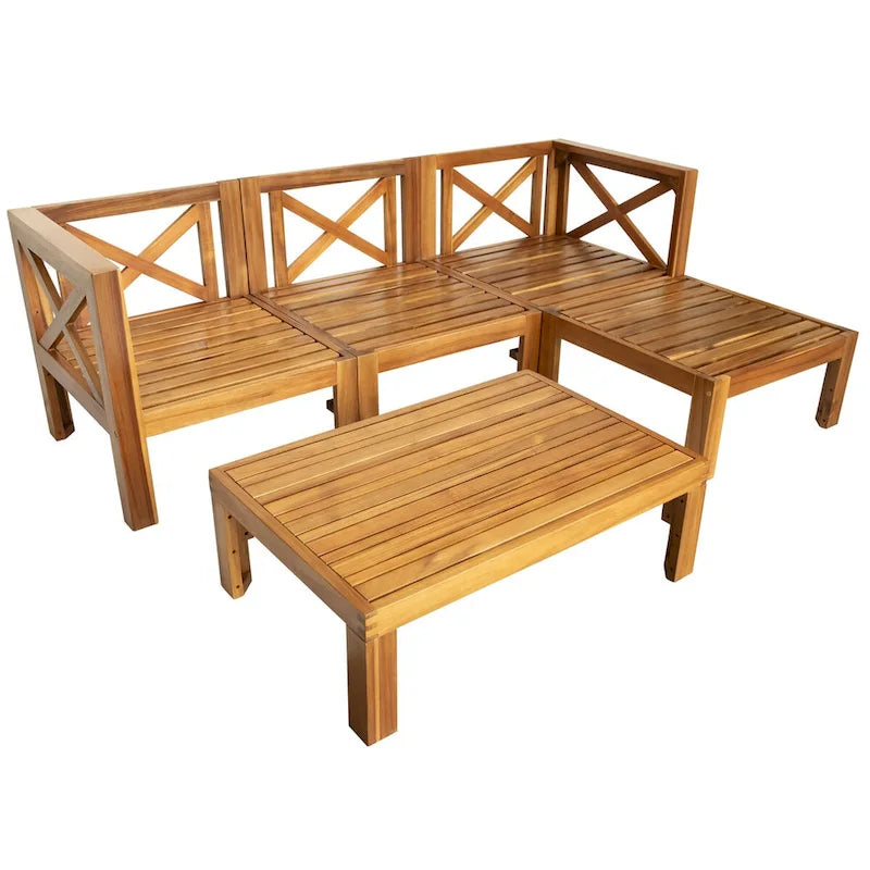 Ensemble de canapés de jardin modulables 5 pièces en bois d'acacia naturel avec tissu résistant à l'eau