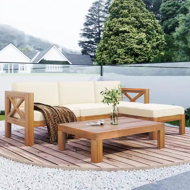 Ensemble de canapés de jardin modulables 5 pièces en bois d'acacia naturel avec tissu résistant à l'eau