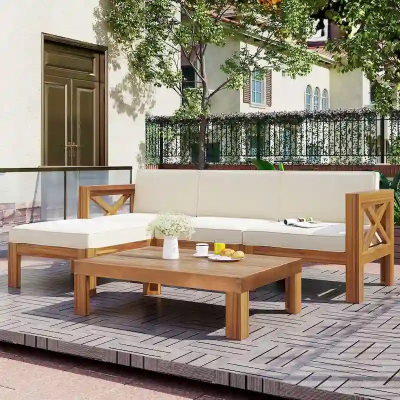 Ensemble de canapés de jardin modulables 5 pièces en bois d'acacia naturel avec tissu résistant à l'eau