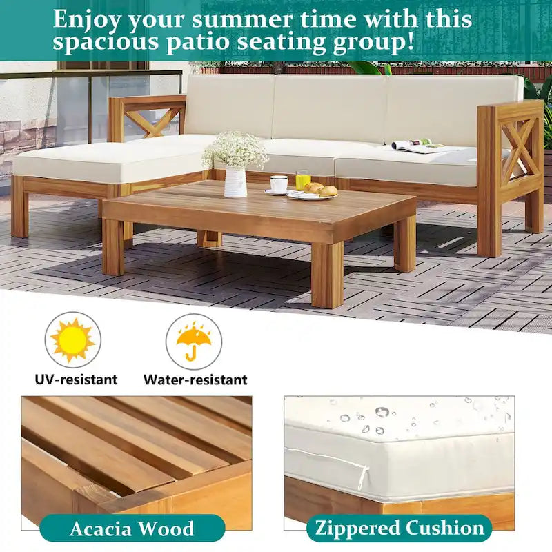 Ensemble de canapés de jardin modulables 5 pièces en bois d'acacia naturel avec tissu résistant à l'eau