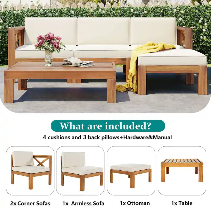 Ensemble de canapés de jardin modulables 5 pièces en bois d'acacia naturel avec tissu résistant à l'eau