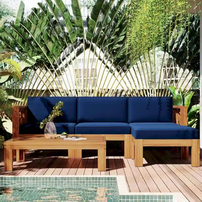 Canapé d'angle d'extérieur en bois avec coussins