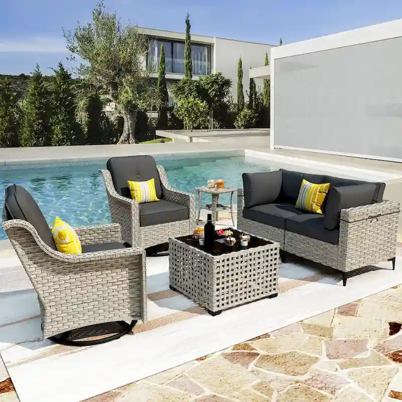 Ensemble de conversation en osier 6 pièces XIZZI pour terrasse avec fauteuil pivotant