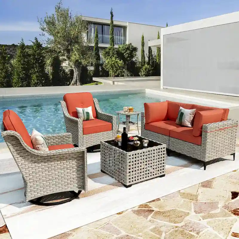 Ensemble de conversation en osier 6 pièces XIZZI pour terrasse avec fauteuil pivotant