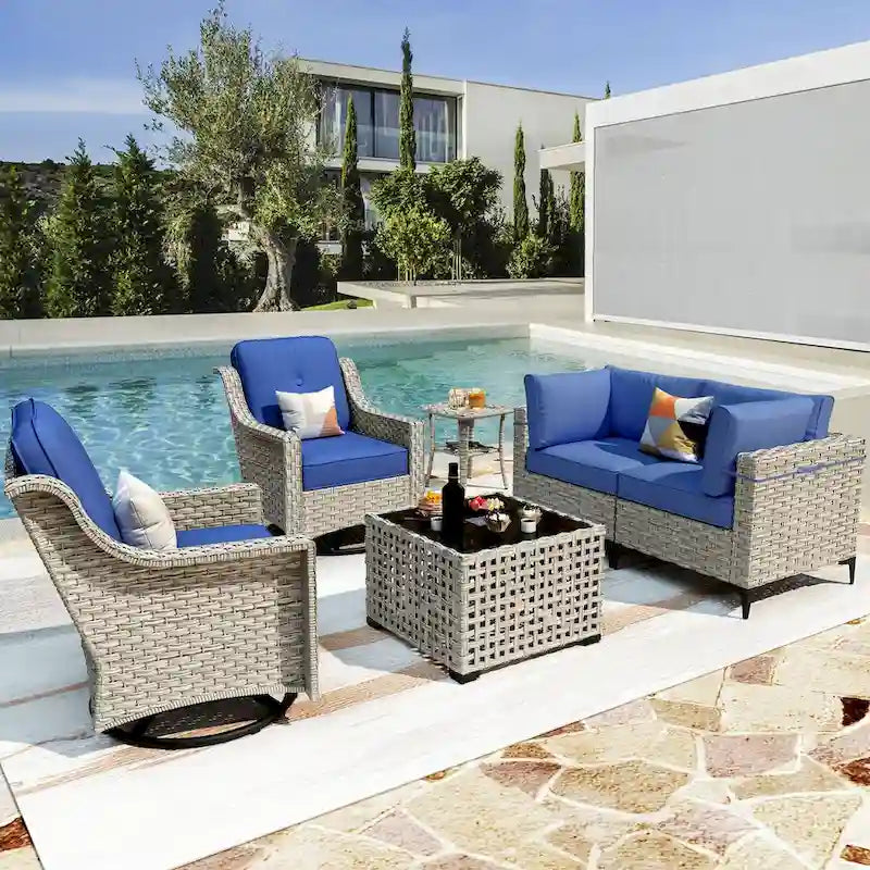 Ensemble de conversation en osier 6 pièces XIZZI pour terrasse avec fauteuil pivotant