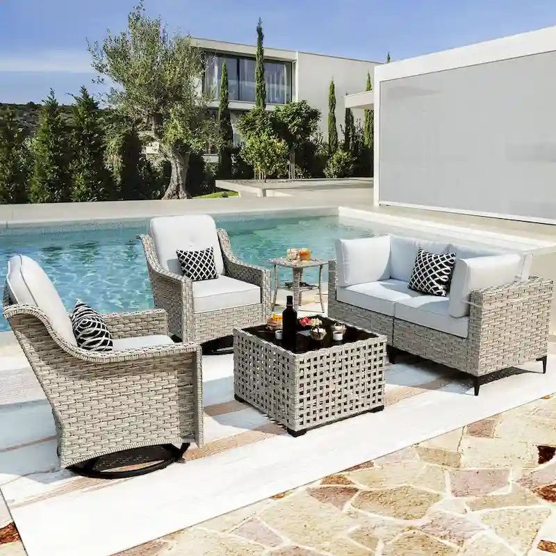 Ensemble de conversation en osier 6 pièces XIZZI pour terrasse avec fauteuil pivotant