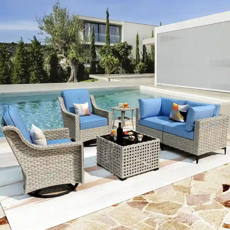 Ensemble de conversation en osier 6 pièces XIZZI pour terrasse avec fauteuil pivotant