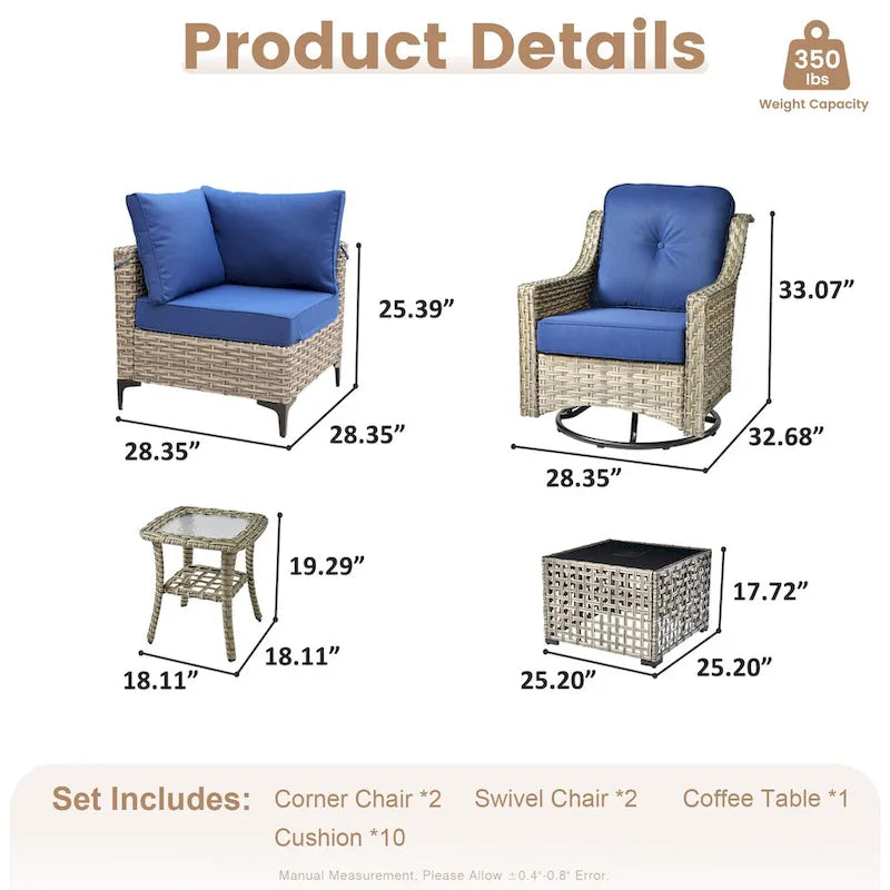 Ensemble de conversation en osier 6 pièces XIZZI pour terrasse avec fauteuil pivotant