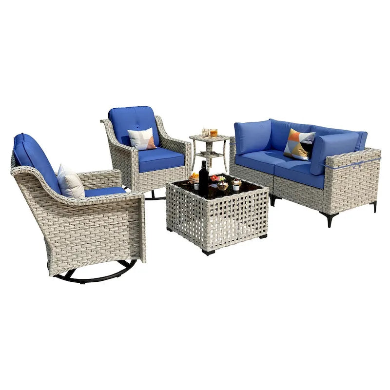 Ensemble de conversation en osier 6 pièces XIZZI pour terrasse avec fauteuil pivotant