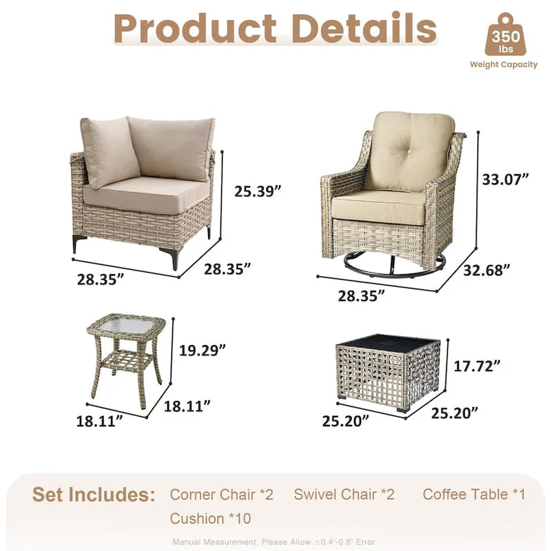 Ensemble de conversation en osier 6 pièces XIZZI pour terrasse avec fauteuil pivotant