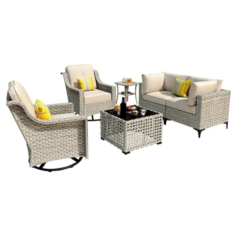 Ensemble de conversation en osier 6 pièces XIZZI pour terrasse avec fauteuil pivotant