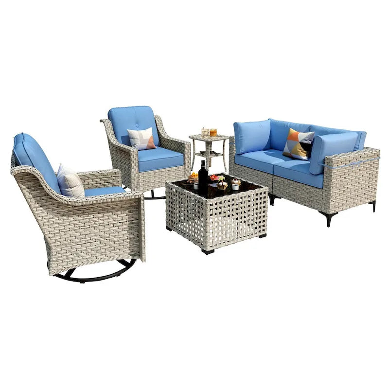 Ensemble de conversation en osier 6 pièces XIZZI pour terrasse avec fauteuil pivotant