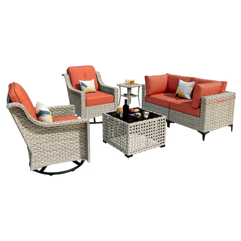 Ensemble de conversation en osier 6 pièces XIZZI pour terrasse avec fauteuil pivotant
