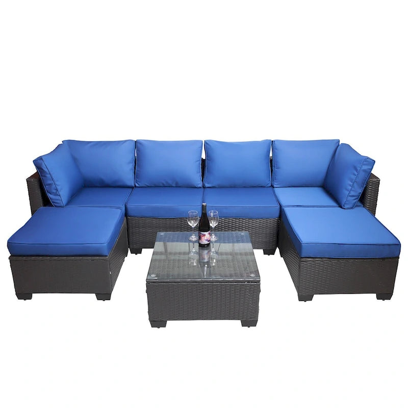 Ensembles de canapés de jardin et de patio 7 pièces, noir + bleu foncé, avec table basse, cadre en métal résistant à la rouille