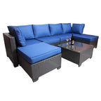 Ensembles de canapés de jardin et de patio 7 pièces, noir + bleu foncé, avec table basse, cadre en métal résistant à la rouille