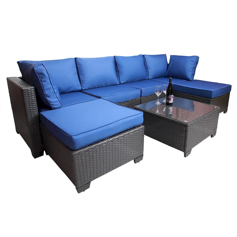 Ensembles de canapés de jardin et de patio 7 pièces, noir + bleu foncé, avec table basse, cadre en métal résistant à la rouille