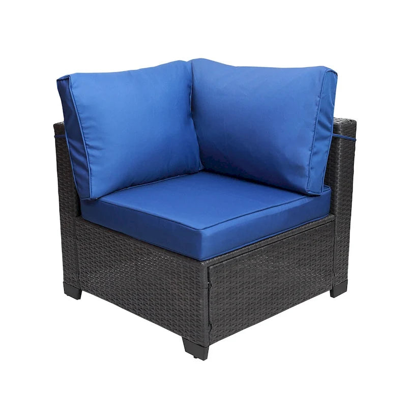Ensembles de canapés de jardin et de patio 7 pièces, noir + bleu foncé, avec table basse, cadre en métal résistant à la rouille