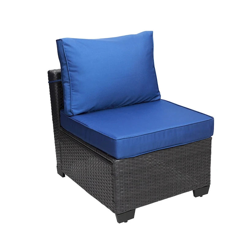 Ensembles de canapés de jardin et de patio 7 pièces, noir + bleu foncé, avec table basse, cadre en métal résistant à la rouille