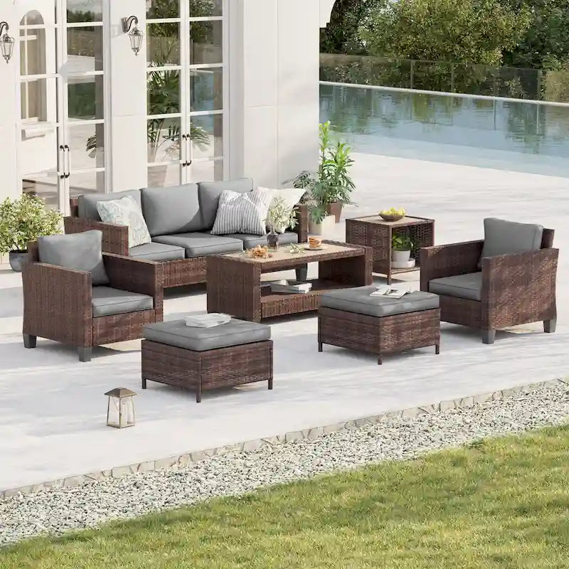 Mobilier de conversation 7 pièces BONOSUKI Patio en rotin marron avec 2 tables d'appoint