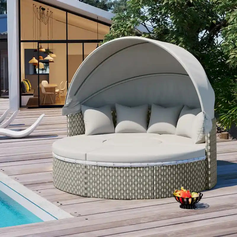 Ensemble de canapé d'extérieur rond 6 pièces, avec auvent rétractable, sièges séparés et coussins amovibles