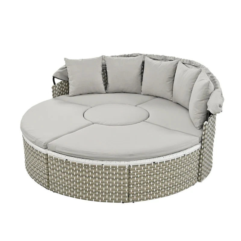 Ensemble de canapé d'extérieur rond 6 pièces, avec auvent rétractable, sièges séparés et coussins amovibles