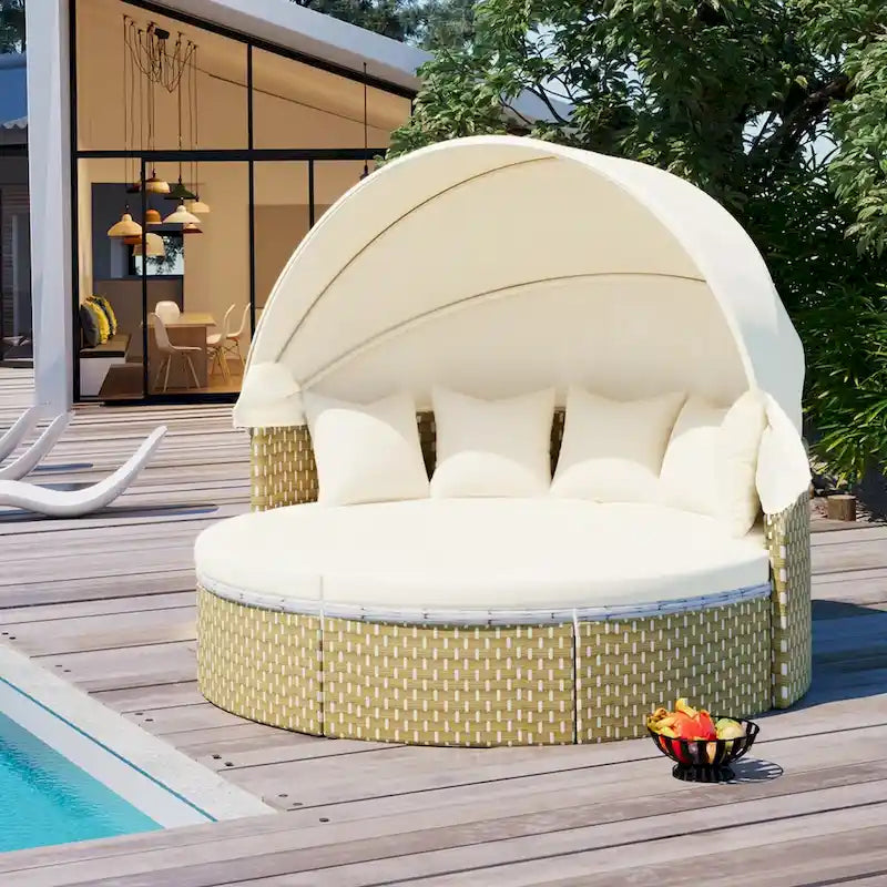 Ensemble de canapé d'extérieur rond 6 pièces, avec auvent rétractable, sièges séparés et coussins amovibles