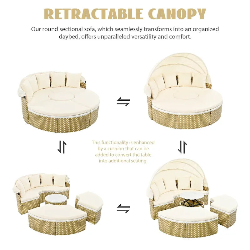 Ensemble de canapé d'extérieur rond 6 pièces, avec auvent rétractable, sièges séparés et coussins amovibles