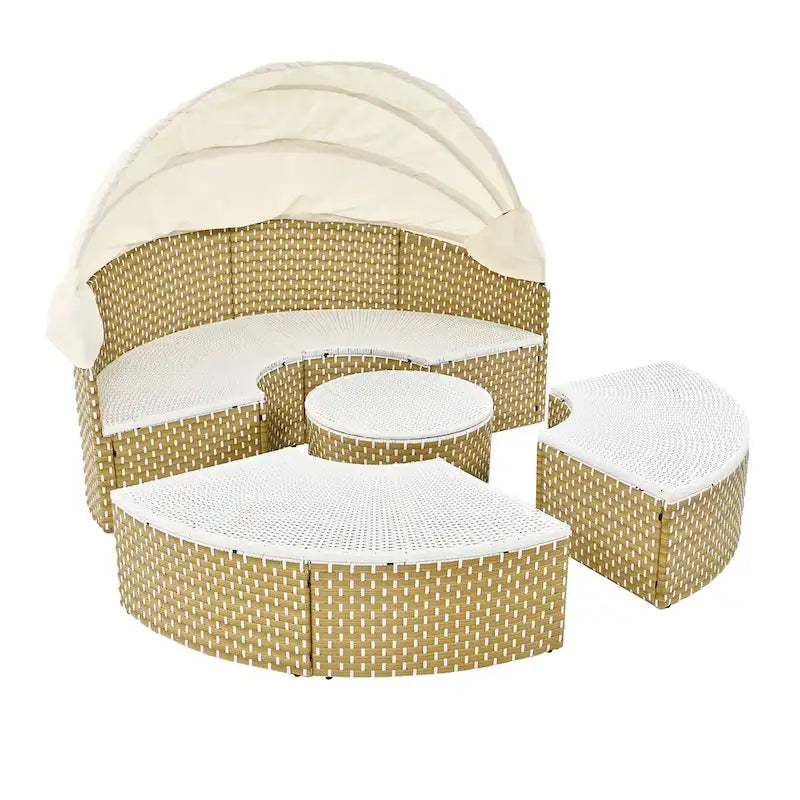 Ensemble de canapé d'extérieur rond 6 pièces, avec auvent rétractable, sièges séparés et coussins amovibles