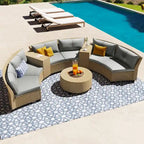 Ensemble de jardin 6 places en rotin en forme d'éventail avec coussins et table